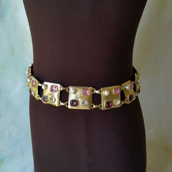 VINTAGE STATEMENT BELT 1960’s Encrusted Gemstone and Costume Pearl OOAK - Picture 5 of 16